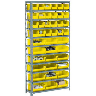 Global Industrial Steel Open Shelving - 16 Yellow Plastic Stacking Bins 5 Shelves - 36x12x39