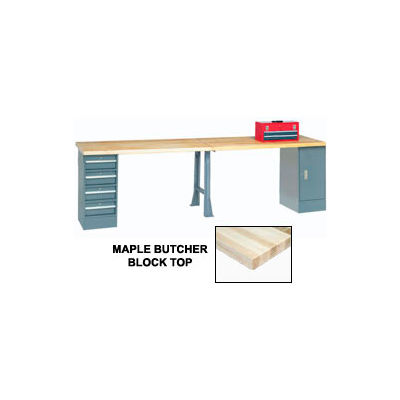 Global Industrial 120"W x 30"D Production Workbench - Maple, Cabinet, 4 Drawer, 1 Leg, Gray