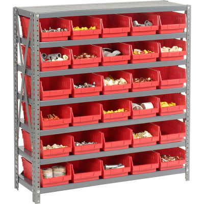 Global Industrial Steel Shelving with 30 4"H Plastic Shelf Bins Red, 36x12x39-7 Shelves