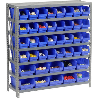 Global Industrial Steel Shelving with Total 42 4"H Plastic Shelf Bins Blue, 36x12x39-7 Shelves