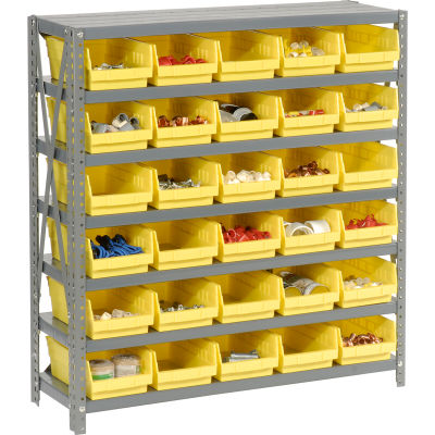 Global Industrial Steel Shelving with 30 4"H Plastic Shelf Bins Yellow, 36x18x39-7 Shelves
