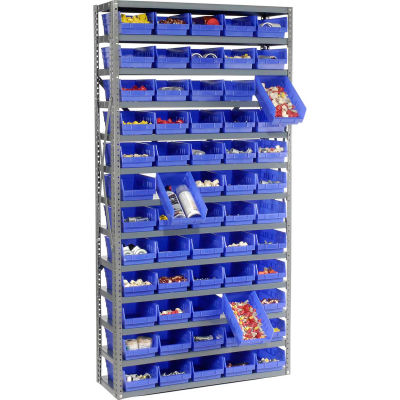 Global Industrial Steel Shelving with 60 4"H Plastic Shelf Bins Blue, 36x12x73-13 Shelves