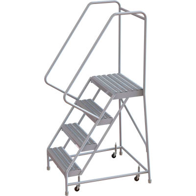 4 Step Aluminum Rolling Ladder, 24"W Grip Step, 30" Handrails