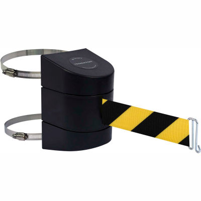Tensabarrier Safety Crowd Control, Clamp Mount Barrier, Black With 15' Black/Yellow Retractable Belt