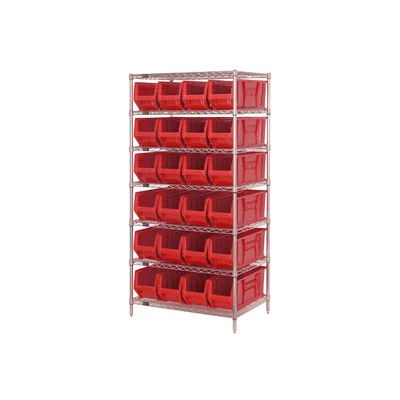 Quantum WR7-951 Chrome wire Shelving With 24 24"D Hopper Bins Red, 24x36x74