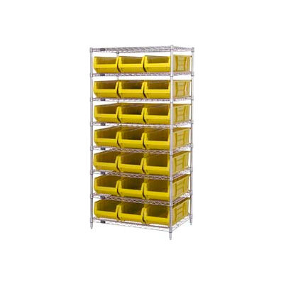 Quantum WR8-952 Chrome wire Shelving With 21 24"D Hopper Bins Yellow, 24x36x74