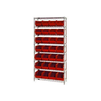 Global Industrial Chrome Wire Shelving With 28 Giant Plastic Stacking Bins Red, 36x14x74