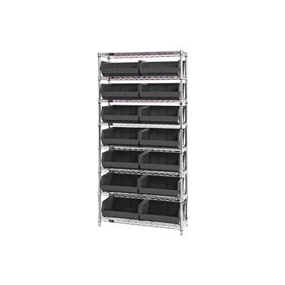 Chrome Wire Shelving With 14 Giant Plastic Stacking Bins Black, 36x14x74