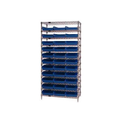 Global Industrial Chrome Wire Shelving with 33 4"H Plastic Shelf Bins Blue, 36x14x74