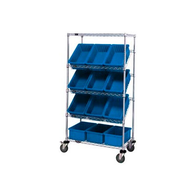 Global Industrial Easy Access Slant Shelf Chrome Wire Cart 12 3-1/2"H Grid Bins Blue 36x18x63