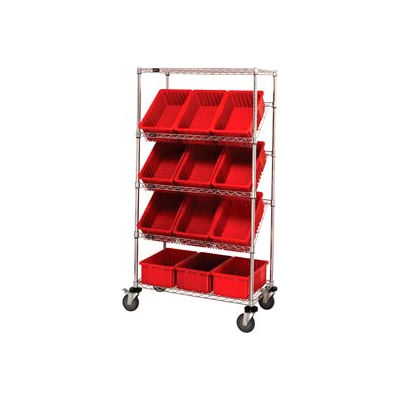 Global Industrial™ Easy Access Slant Shelf Chrome Wire Cart 12 6"H Grid Containers Red 36x18x63