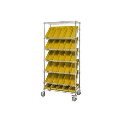Global Industrial Easy Access Slant Shelf Chrome Wire Cart, 30 4 Shelf Bins Yellow, 36"Lx18x74