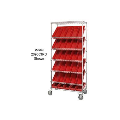 Global Industrial Easy Access Slant Shelf Chrome Wire Cart, 24 4"H Shelf Bins Red, 36Lx18Wx74H