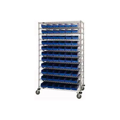 Global Industrial Chrome Wire Shelving with 140 4"H Plastic Shelf Bins Blue, 24x72x74