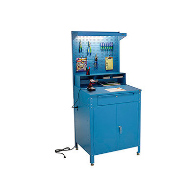Global Industrial™ Cabinet Shop Desk w/ Pegboard, Riser & Top Shelf, 34-1/2"W x 30"D, Blue