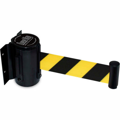 Queueway Wall Mount Retractable Belt Barrier, Black Case W/7-1/2' Black/Yellow Belt