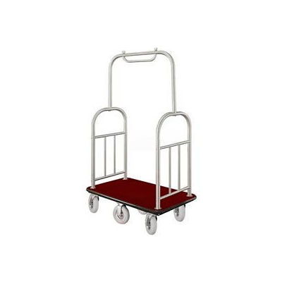 Glaro Ball Top Bellman Cart 48x25 Satin Aluminum Burgundy Carpet, 6 Pneumatic Wheels