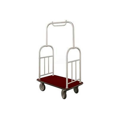 Glaro Ball Top Bellman Cart 40x25 Satin Aluminum Burgundy Carpet, 4 Rubber Wheels