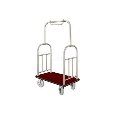 Glaro Ball Top Bellman Cart 40x25 Satin Aluminum Burgundy Carpet, 4 Pneumatic Wheels