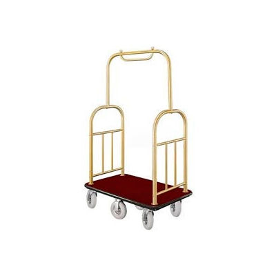 Glaro Ball Top Bellman Cart 48x25 Satin Brass Burgundy Carpet, 6 Pneumatic Wheels