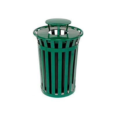 Global Industrial Outdoor Metal Slatted Trash Receptacle with Rain Bonnet Lid - 36 Gal Green