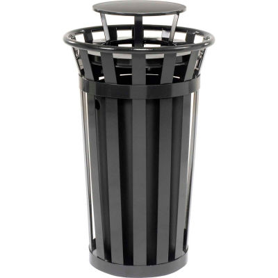 Global Industrial Outdoor Metal Slatted Trash Receptacle with Rain Bonnet Lid - 24 Gal Black