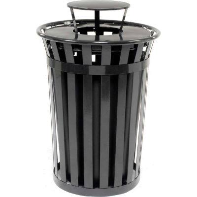 Global Industrial Outdoor Metal Slatted Trash Receptacle with Rain Bonnet Lid - 36 Gal Black