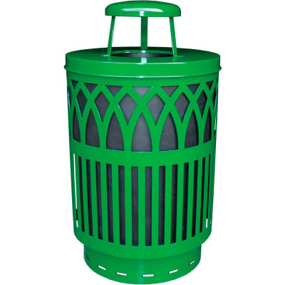 Covington Series 40 Gallon Steel Receptacle w/ Rain Cap & Plastic Base - Green - COV40P-RC-GN