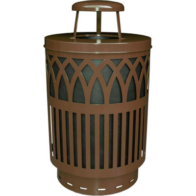 Covington Series 40 Gallon Steel Receptacle w/ Rain Cap & Plastic Base - Brown - COV40P-RC-BN