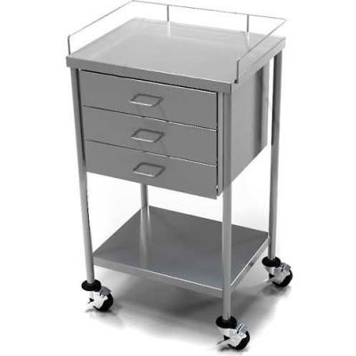 AERO Stainless Steel Anesthesia Utility Table with 3 Drawers & Guard Rail Top Shelf