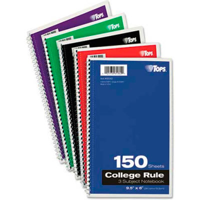Tops Wirebound 3-Subject Notebook, College Rule,9-1/2 x 6, White, 150 Sheets/Pad