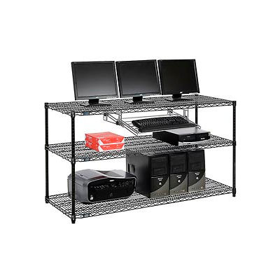 Nexel 3-Shelf Wire Computer LAN Workstation with Keyboard Tray, 60"W x 24"D x 34"H, Black