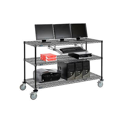 Nexel 3-Shelf Mobile Wire Computer LAN Workstation w/Keyboard Tray, 60"W x 24"D x 40"H, Black