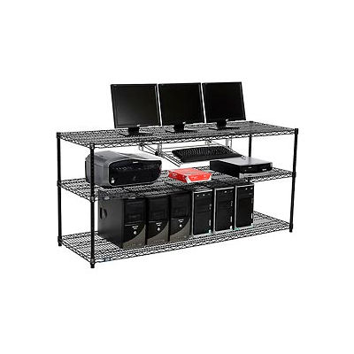 Nexel 3-Shelf Wire Computer LAN Workstation with Keyboard Tray, 72"W x 24"D x 34"H, Black