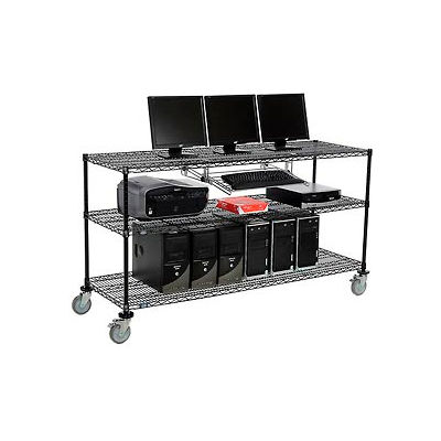 Nexel 3-Shelf Mobile Wire Computer LAN Workstation w/Keyboard Tray, 72"W x 24"D x 40"H, Black
