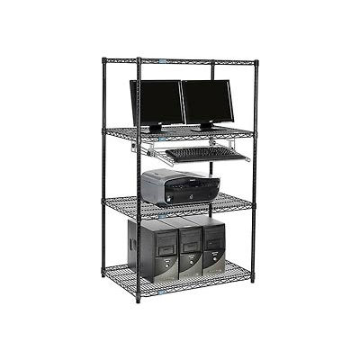 Nexel 4-Shelf Wire Computer LAN Workstation with Keyboard Tray, 36"W x 24"D x 63"H, Black