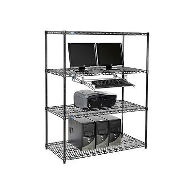 Nexel 4-Shelf Wire Computer LAN Workstation with Keyboard Tray, 48"W x 24"D x 63"H, Black