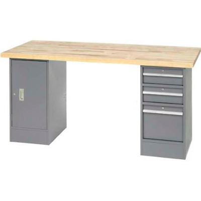 96" W x 30" D Pedestal Workbench W/ 3 Drawers & Cabinet, Maple Butcher Block Square Edge - Gray