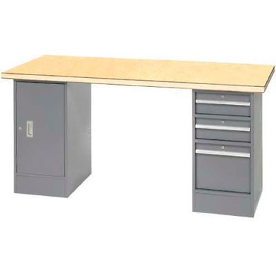 96" W x 30" D Pedestal Workbench W/ 3 Drawers & Cabinet, Shop Top Square Edge- Gray