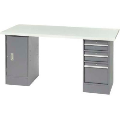 96" W x 30" D Pedestal Workbench W/ 3 Drawers & Cabinet, ESD Laminate Sqaure Edge- Gray