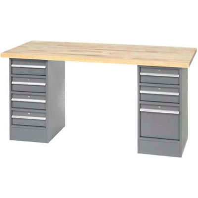 96" W x 30" D Pedestal Workbench W/ 7 Drawers, Maple Butcher Block Square Edge - Gray