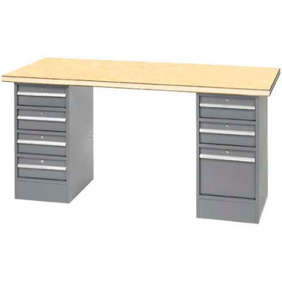 96" W x 30" D Pedestal Workbench W/ 7 Drawers, Shop Top Square Edge- Gray