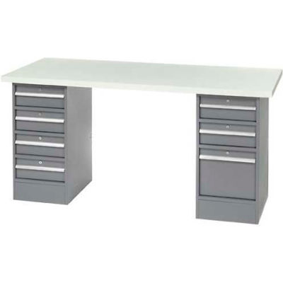 96" W x 30" D Pedestal Workbench W/ 7 Drawers, ESD Laminate Sqaure Edge- Gray