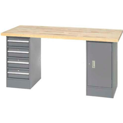 96" W x 30" D Pedestal Workbench W/ 4 Drawers & Cabinet, Birch Butcher Block Square Edge- Gray