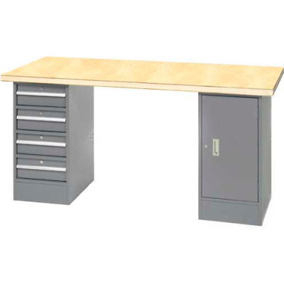 96" W x 30" D Pedestal Workbench W/ 4 Drawers & Cabinet, Shop Top Square Edge- Gray