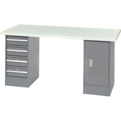 96" W x 30" D Pedestal Workbench W/ 4 Drawers & Cabinet, ESD Laminate Sqaure Edge- Gray