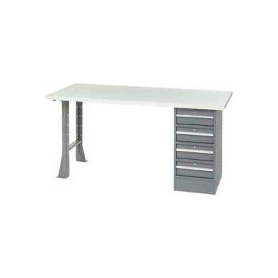 96" W x 30" D Pedestal Workbench W/ 4 Drawers & Open Leg, Plastic Laminate Square Edge - Gray
