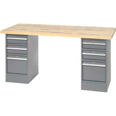 96" W x 30" D Pedestal Workbench W/ 6 Drawers, Birch Butcher Block Square Edge- Gray
