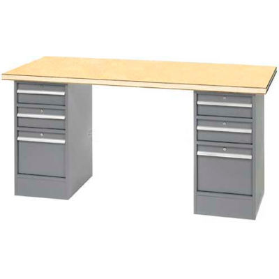 96" W x 30" D Pedestal Workbench W/ 6 Drawers, Shop Top Square Edge- Gray