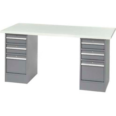 96" W x 30" D Pedestal Workbench W/ 6 Drawers, ESD Laminate Sqaure Edge- Gray